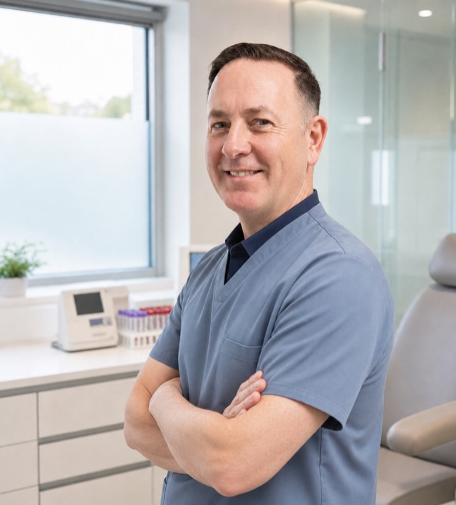 Barry Logan, founder of AIO Medicals, in blue medical scrubs in a clinical room